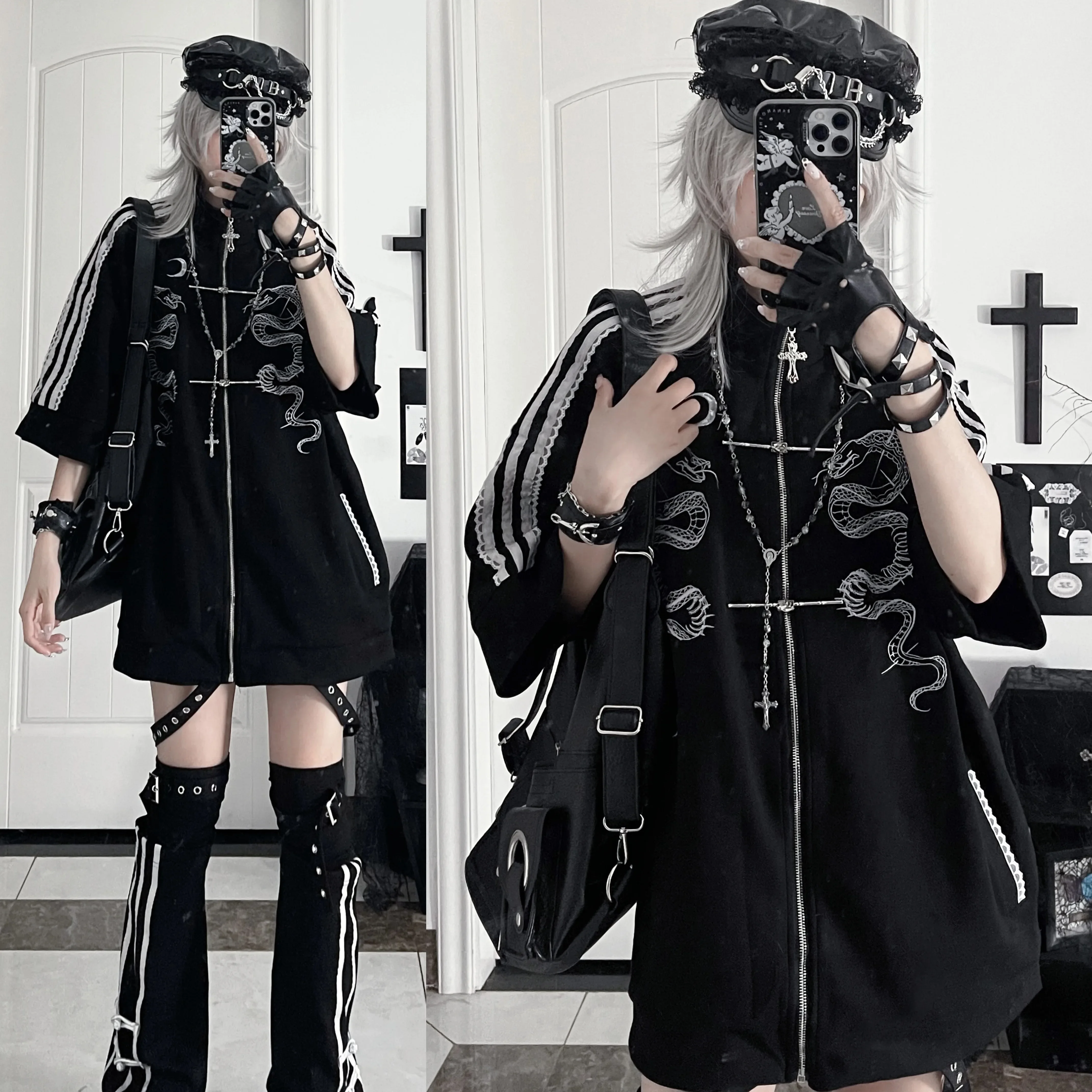 Y2k Subculture Gothic Black Short Sleeve Hoodies Summer New Harajuku Girls Sweet Cool Heavy Industry Embroidered Loose Tops