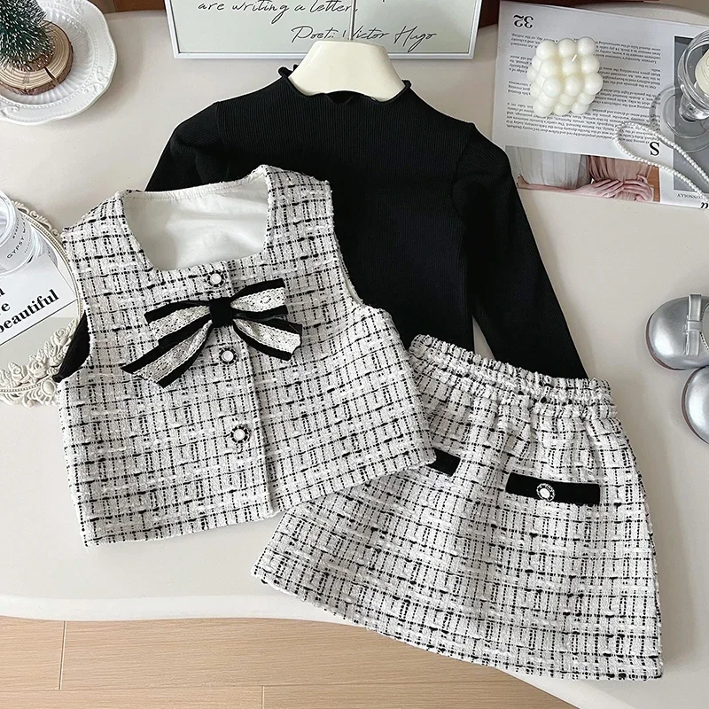 

2025 New Autumn 2-7Yrs Baby Girls Fashion Clothes Suit Sleeveless Cardigan Vest+Long Sleeved T-shirt+Short Skirt Kids Clothing