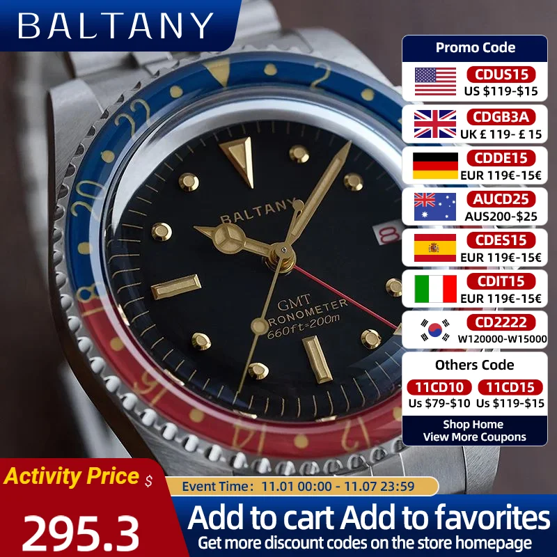 

Baltany Новинка 39 мм NH34 винтажные часы GMT Cola рамка купол сапфир юбилейный стиль браслет 20 бар Роскошные автоматические механические часы