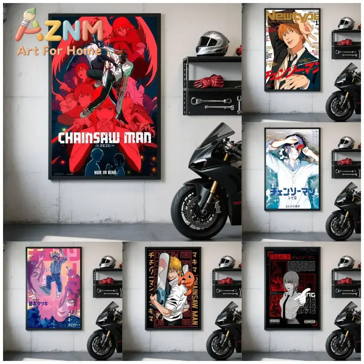 AZNM Chainsaw Man Anime Retro Canvas Wall Art Frameless Print Poster for Home Bedroom Living Room Wall Decor