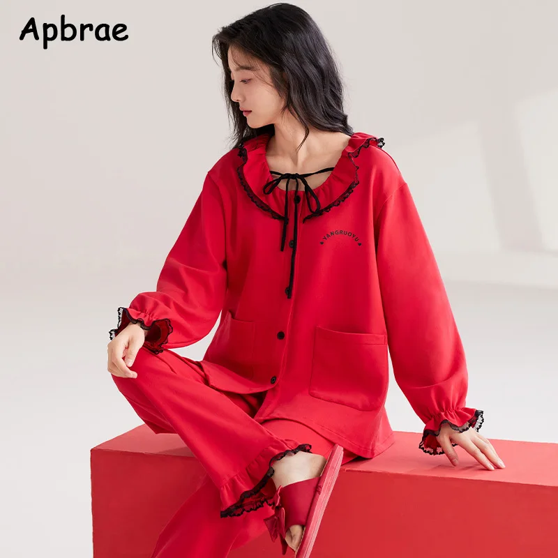 Heart Print Red Pajamas for Women Autumn Winter Long Sleeves Cotton Pijamas Woman Nightwear Lapel Cardigan Sleepwear