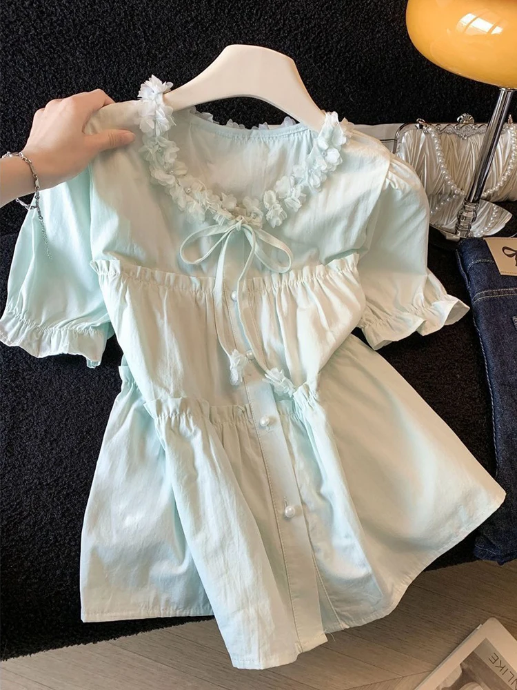 

Sweet Short Sleeve Shirt Women Slim Fashion Preppy Style Cute Blouse Summer Casual O Neck Female Chic Floral Bow Lace Up Tops