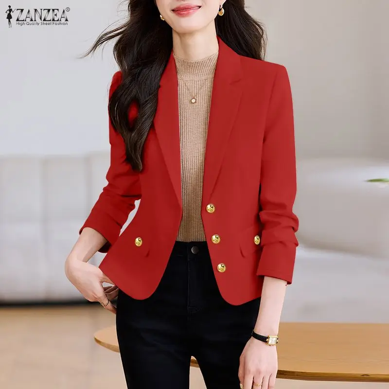 

Women's Spring Summer Thin Blazer Lapel Neck Long Sleeve Button Up Solid Color Suit Jackets ZANZEA Elegant Casual OL Outerwear