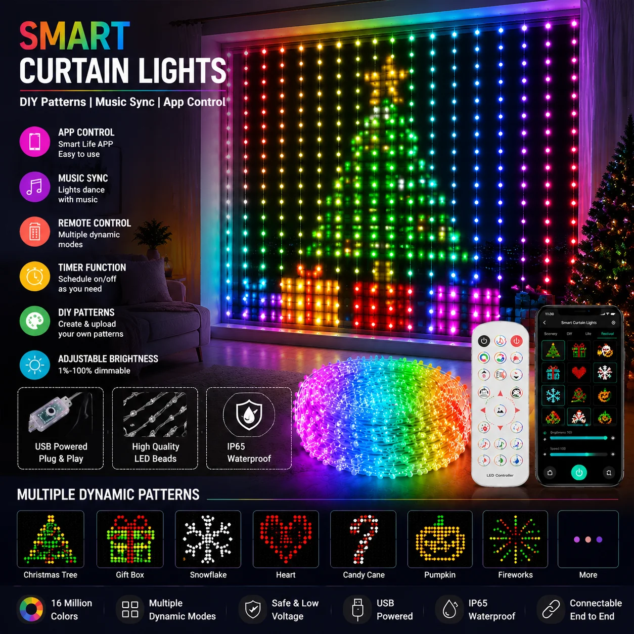 RGB Curtain String Lights, App Controlled LED Display Lights with Music Sync Timer DIY Patterns for Christmas Window Decor