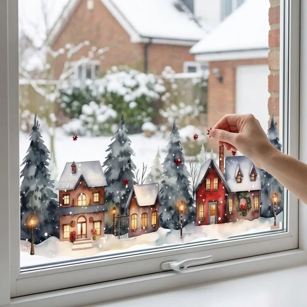 Watercolor Style Christmas Village Window Stickers Static Adhesive 2D Flat Pattern Snowy Town Window Cling Vivid Color PVC