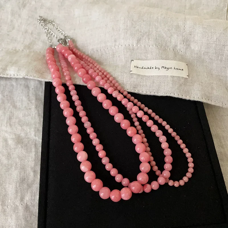 Minar Exquisite 4 6 8mm Pink Color Round Natural Stone Beaded Necklace for Women Handmade Silver Plated Chain Strand Chokers