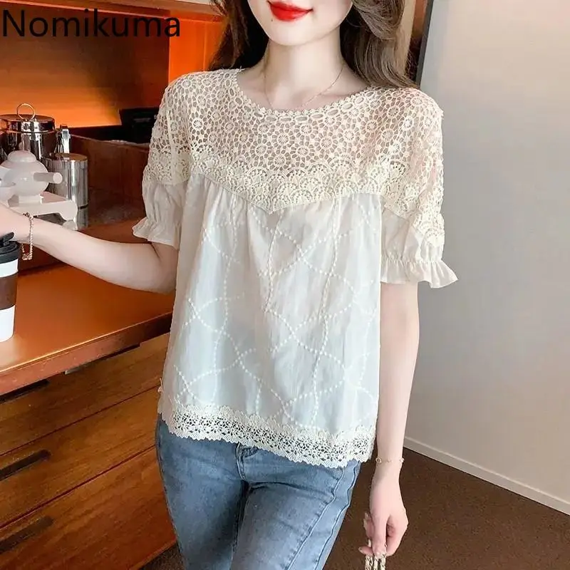 Summer Women Blouse Oversized Tops 2024 Blusas Mujer De Moda Patchwork Lace Short Sleeve Shirts Hollow Out Loose Vintage Blouses