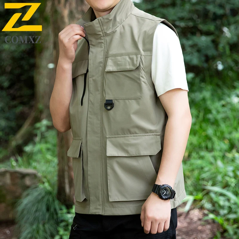 

COMXZ 2025 новый жилет Zhongshan для мужчин с большим карманом для занятий спортом на открытом воздухе, повседневный жилет без рукавов, уличная легкая рабочая одежда без рукавов