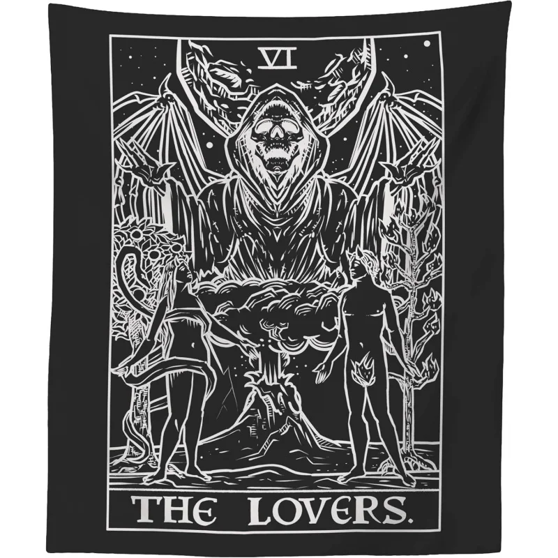 VIKAMA Lovers Tarot-Wandteppich, schwarze Fledermausflügel und Totenkopf, mystisches Design, Wohnzimmer, Schlafzimmer, Eingangsbereich, Wanddekoration für Zuhause