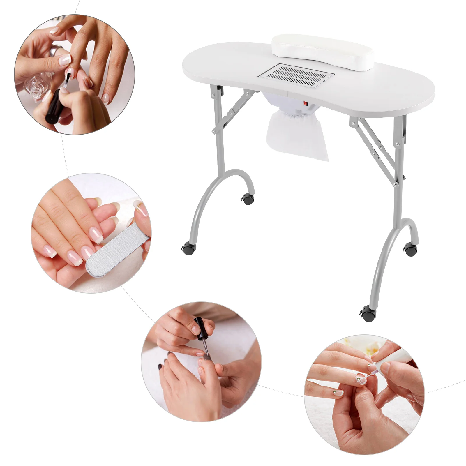 Tavolo per unghie pieghevole con ruote Tavolo per manicure portatile multifunzionale con piano in MDF per la casa