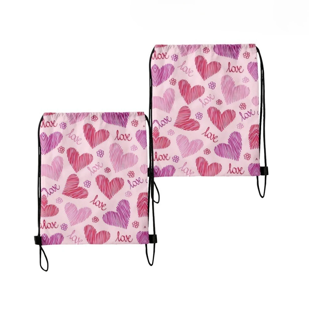 2PCS​ Colorful Hearts Bows Flowers Print Drawstring Bags Hiking Outdoor Oxford Beach Travel Storage ​Trendy Streetwear Bags