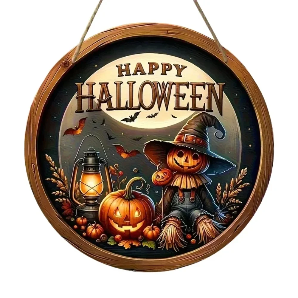 2D Halloween Scarecrow and Pumpkin Circular Wooden Sign, Suitable for Home, Farmhouse, Porch, Garden, Holiday Decoration, Gifts