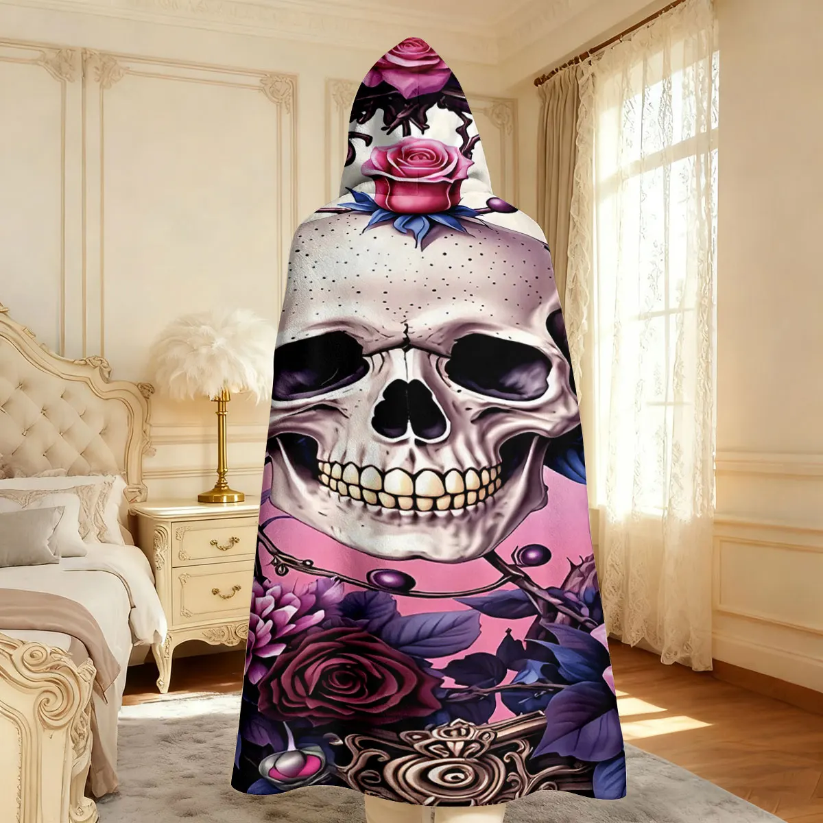1pc Gothic Skull Rose Printed Hat Blanket Flannel Hoodie Wearable Cape Blanket Soft and Casual, Can Be Washed - view 4