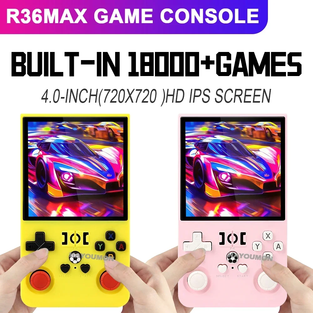 

Портативная игровая консоль Yellow Pink Open Source R36 Max с 4-дюймовым IPS-экраном, чипом RK3326, 64 ГБ/128 ГБ памяти, ретро-игровая приставка для карманного использования