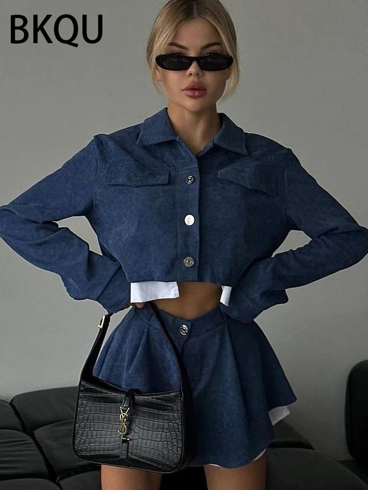 BKQU Fashion Two Piece Sets Women Jacket Outfit 2024 Vintage Long Sleeve Button Coat+High Waist Mini Skirt Female Y2K Streetwear