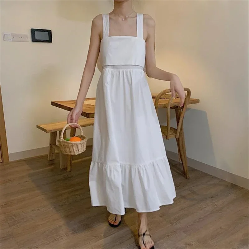 Women Sexy Backless Bow Cute Sweet Chic Beach Midi Dress Summer Trendy Square Collar Sleeveless Streetwear Dresses Vestidos