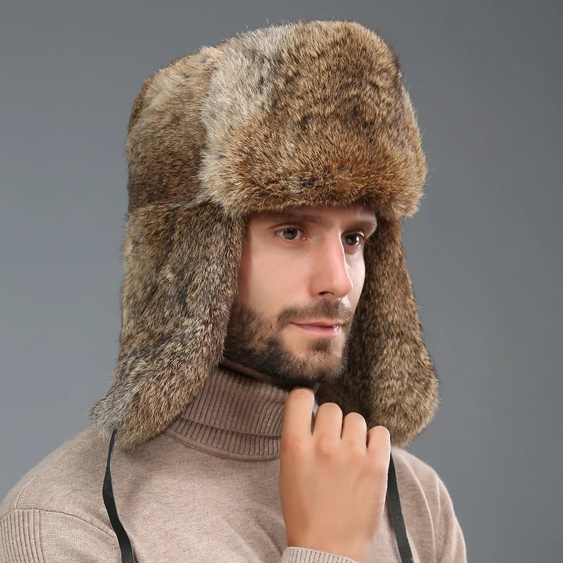 Real Rex Rabbit Fur Hat Men's Lei Feng Hat Winter Outdoor Thickened Warm Genuine Fur Hat Russian Natural Fur Ear Protection Hat