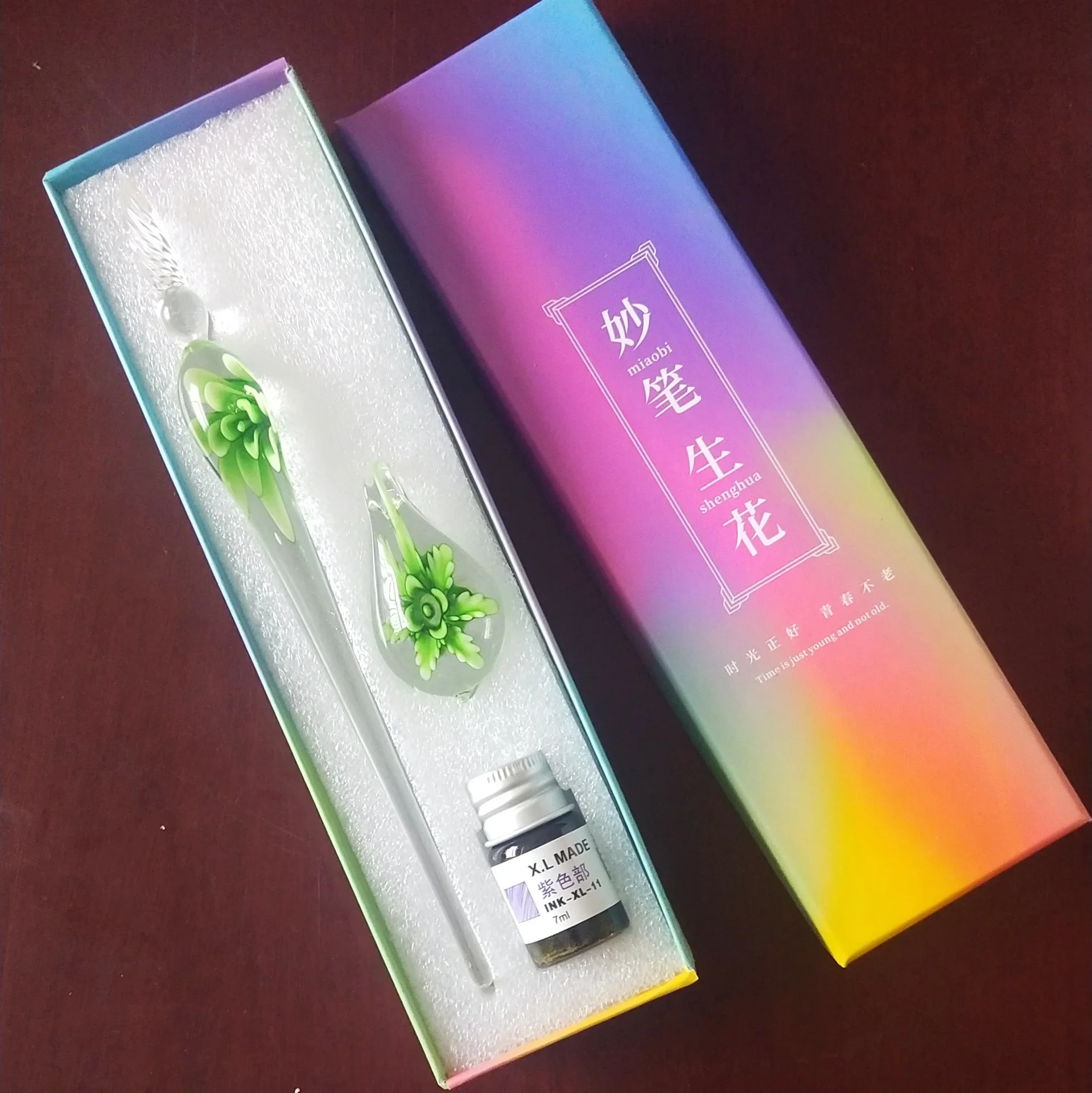 مجموعة أقلام زجاجية مدمجة على شكل زهرة، قلم غمس ملون، صندوق هدايا بائع الشوارع، قلم توقيع، هدية قلم زجاجي