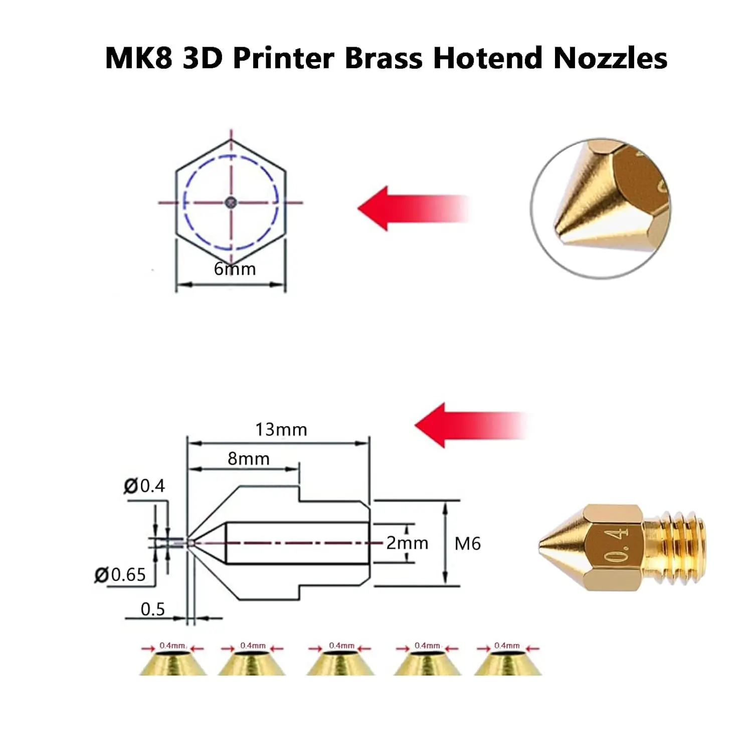 Creality MK8 Düsen-Set mit Werkzeugen und Düsenreinigung, 0,2/0,4/0,6/0,8/1,0mm 3D-Drucker Messing-Hotend-Düsen für Ender 3/3 Pro – Detail 5