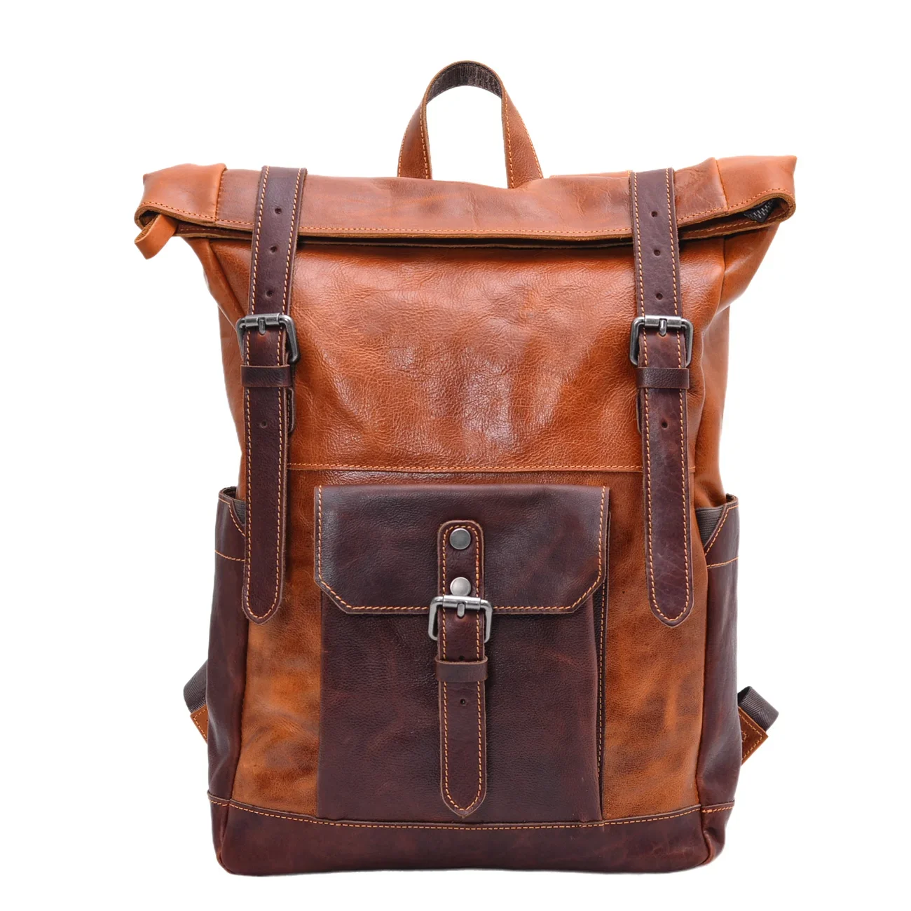 

Retro Men's Shoulder Bag Clash Color Vegetable Tanned Cowhide Backpack Large Capacity Outdoor Travel Mountaineering Bag