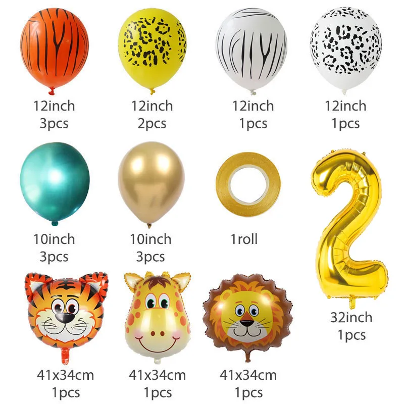 18pcs Gold Number Animal Foil Balloons 2th Happy Birthday Party Decorations Kids Boy Girl 2nd 2 Year Old Jungle Safari Supplies