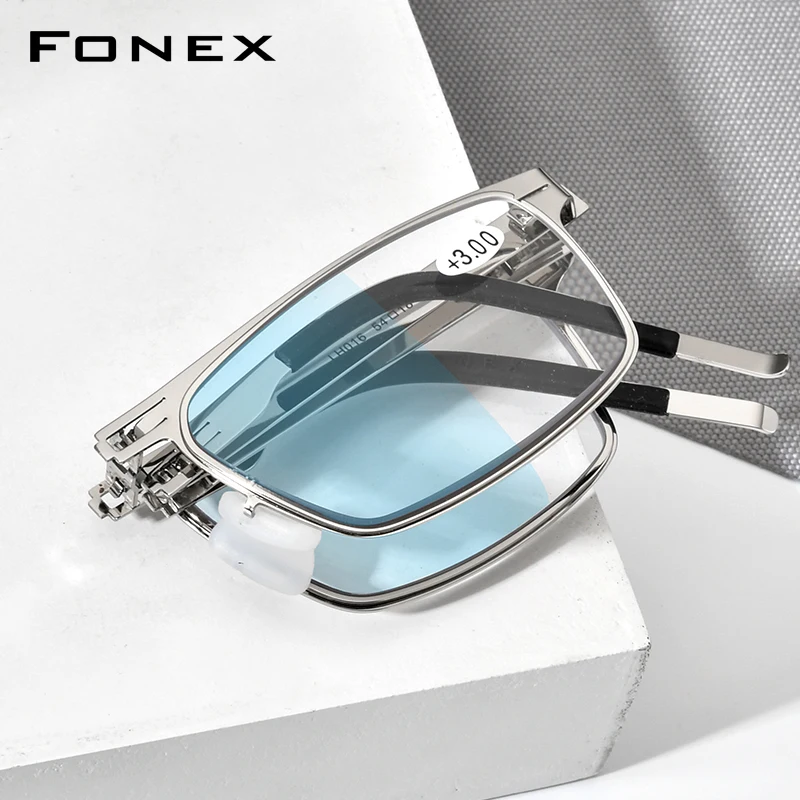 FONEX Photochromic Blue Folding Reading Glasses Men Portable Hyperopia Screwless Women Anti Blue Blocking Reader Eyeglass LH016