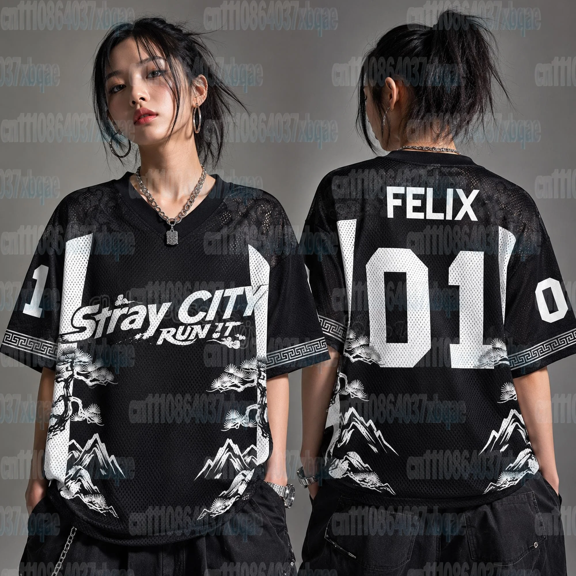 Stray City Felix 01 V-Ausschnitt Sporttrikot Kurzarm Unisex Oversized Kpop Fan Streetwear Konzert Casual Top FamilyMatching – Detail 4