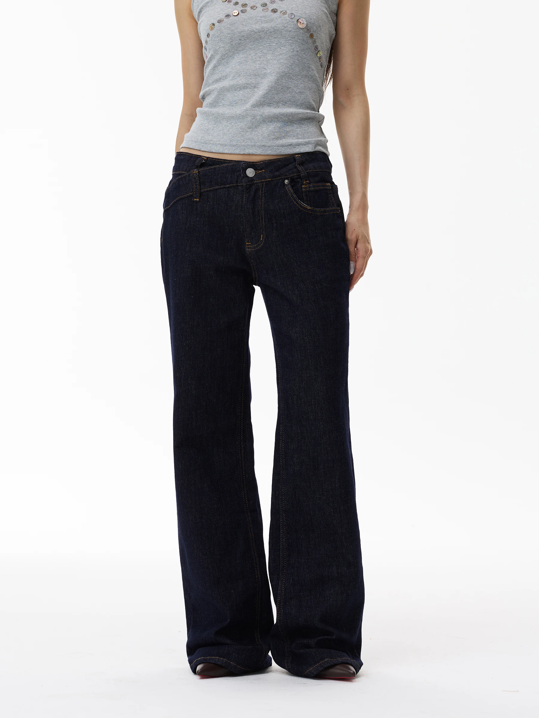 WLNEXT Calça jeans feminina estilo americano, design de cintura alta, calça boca de sino, calça de couro original da moda, aj...