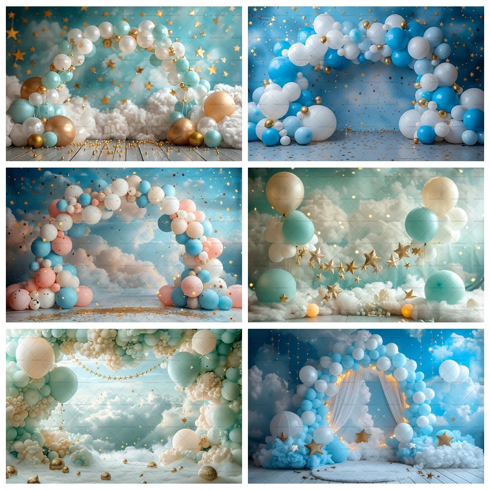 

Blue Sky Clouds Hot Air Balloons Background for Photography Props Baby Shower Cake Smash Boy 1st Birthday Backdrop Banner