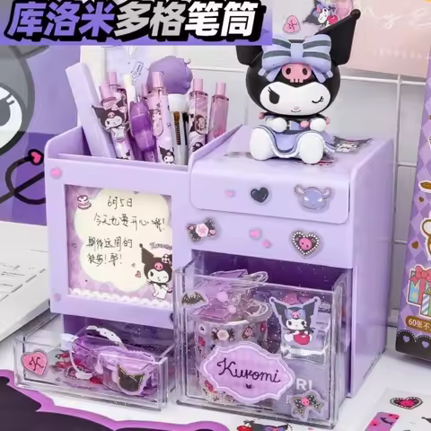 Sanrio Kuromi Cinnamoroll Desktop Sticker Storage Box Grid Divided Organizer Student Dormitory Drawer DIY Stationery Organizer