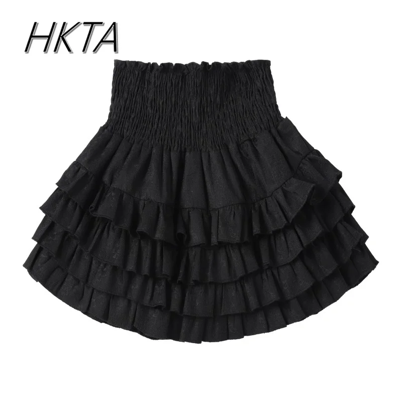 Fashion Simple Girlish Feeling Thin Black and White Lace Puffy Cake Skirt for Women Autumn New High Waist Slim Black Mini Skirt