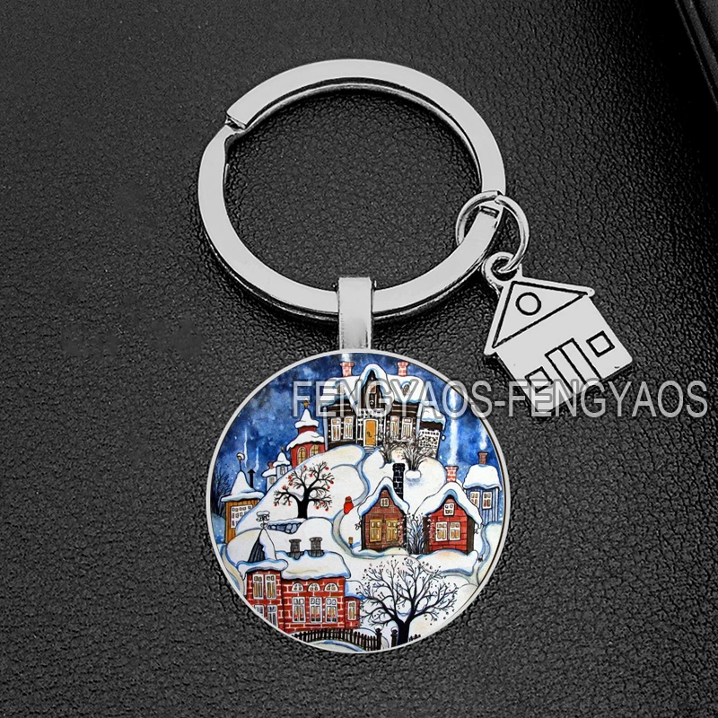 Snow House Keychains for Door Beautiful Cabin Keychain for Key Purse Bag Keyring Gift for Family Members