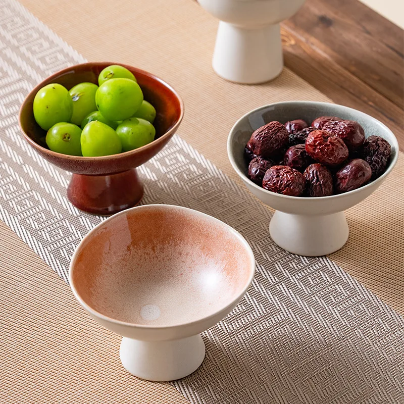 Creative Ceramic High Foot Plate Home Fruit Bowl Restaurant Dim sum Tea Dry Fruit Plates Vintage Kiln Ice Cream Cup Tableware