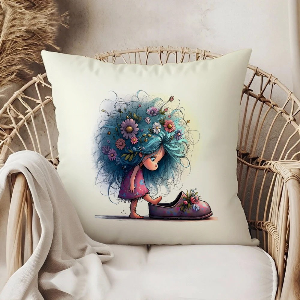 Square Throw Pillow Case Cream White Floral Hair Girl Art Print For Living Room Sofa Bedroom Home Decor Cushion Cover
