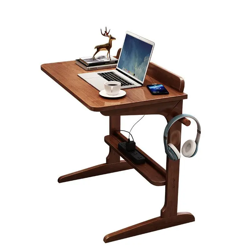 Walnut Brown Solid Wood Computer Desk 60/70/80cm Width 75cm Height, Overbed Laptop Table with Storage Shelf Headphone Hook, Home