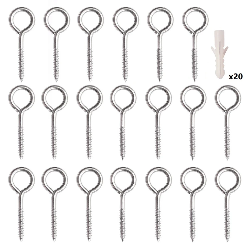 20 Pieces Stainless Steel Eye Screws Hooks Self-tapping Screws Hooks Ring Metal Cup Hooks Screw-in Hanger G5AB