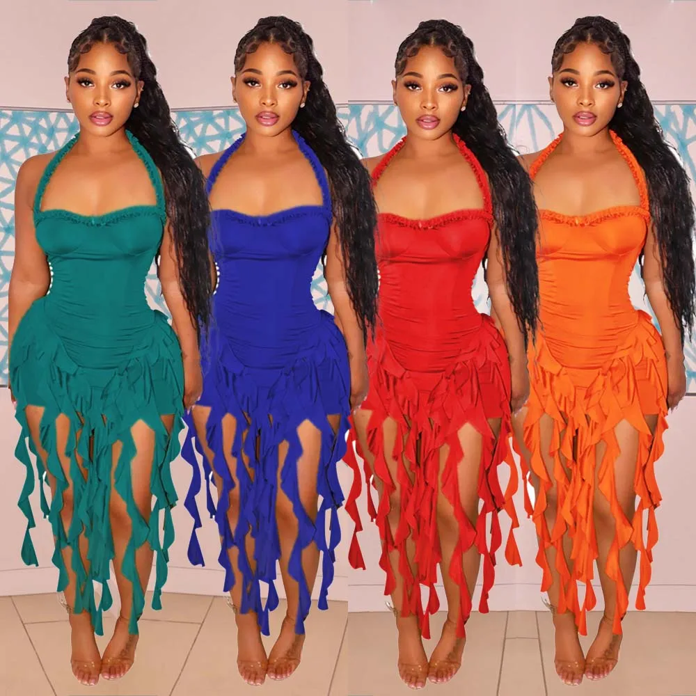 Halter Ruffle Sexy Dress Lady Mini Party Bodycon Evening Dresses Women Summer Elegant Luxury Birthday Club Pleated Dresses