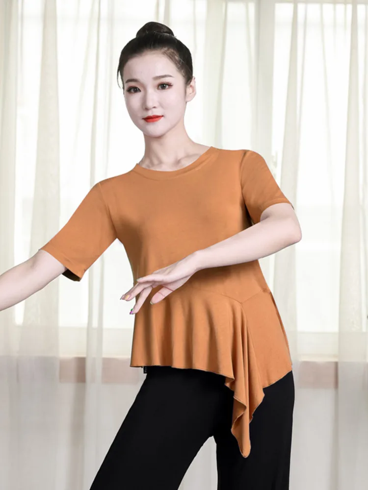 Round Neck Latin Dance Practice Tops Belly Wear Costume Classical Ruffle Competition For Prom Women Waltz Jazz Stage T-shirt