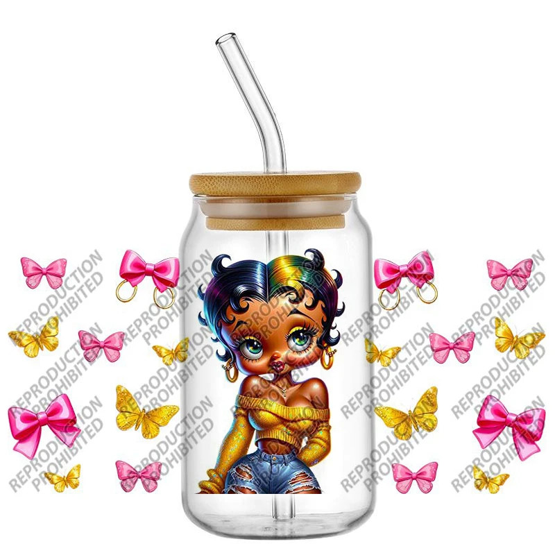 Waterproof Scratch Resistant Cartoon Modern girl design UV DTF Cup Wraps Transfer Stickers for 16oz Libbey Glass Cup Decor