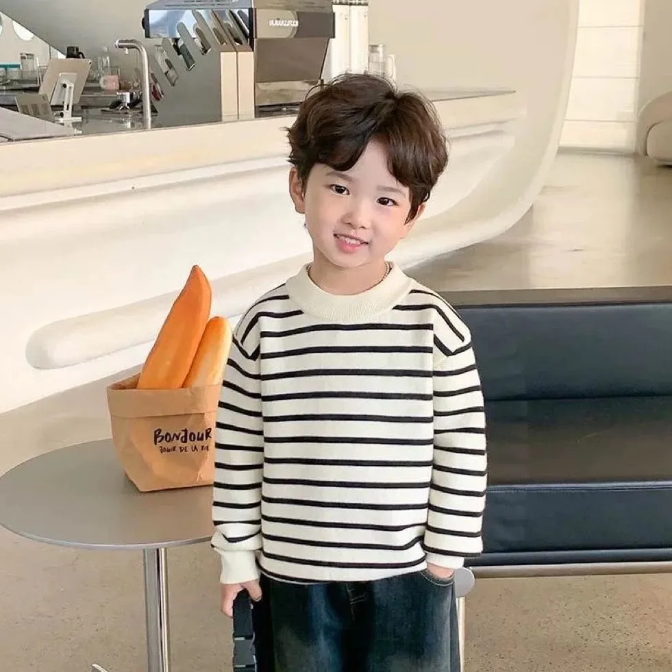 Children's Sweater Spring and Autumn Thin Style Boys' and Girls' Striped Knitted Sweater Round Neck Baby Primer