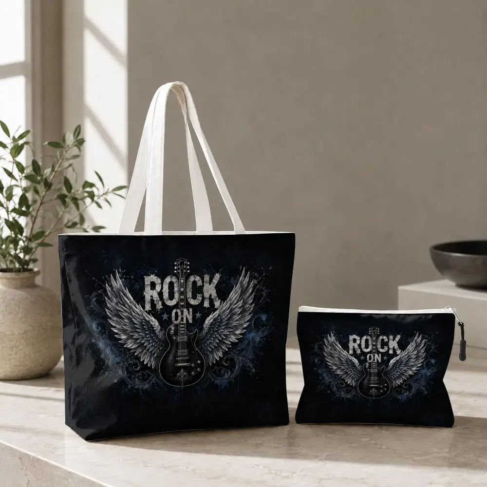 Rock On Guitar Wings Storage Bags 2-Pcs Canvas Tote Bag with Zipper Reusable Tote Bags for Shopping Travel Work Gifts