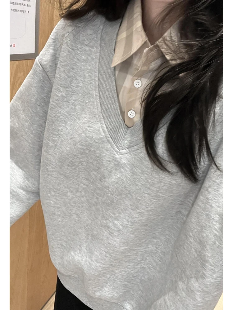 Coreano sle xadrez solto ajuste feminino ne suor outono inverno fce forrado casual versátil preguiçoso sle topo