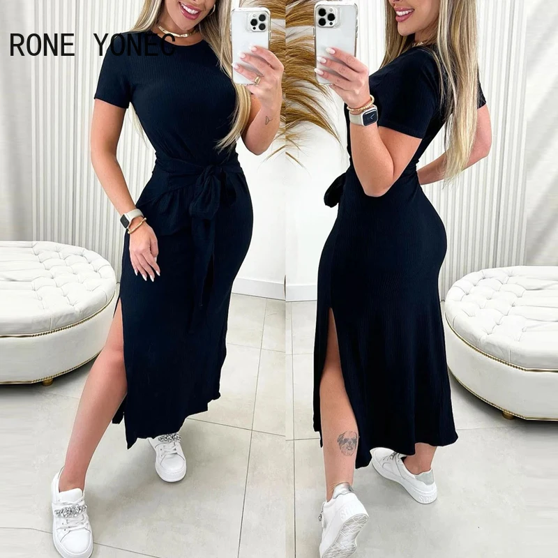 

Women Solid Chic Short Sleeves Midi Lace Up High Silt Casual Dresses