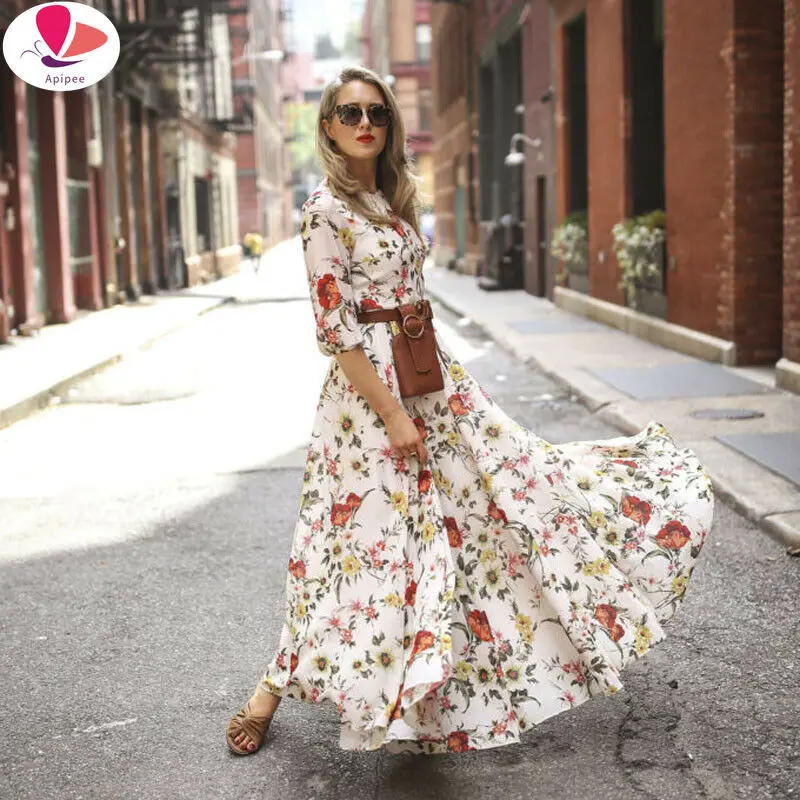 Summer Boho Floral Long Dress Women Round Neck Nine-point Sleeve Sexy Dress Fashion Weekend Beach Party Dresses 2024