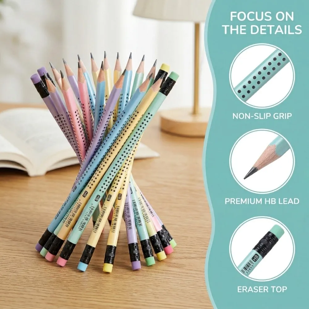 30PCS Smooth Writing Wooden Triangular Pencils Triangular Grip HB Wooden Pencils Non-slip Pencils with Eraser Preschoolers