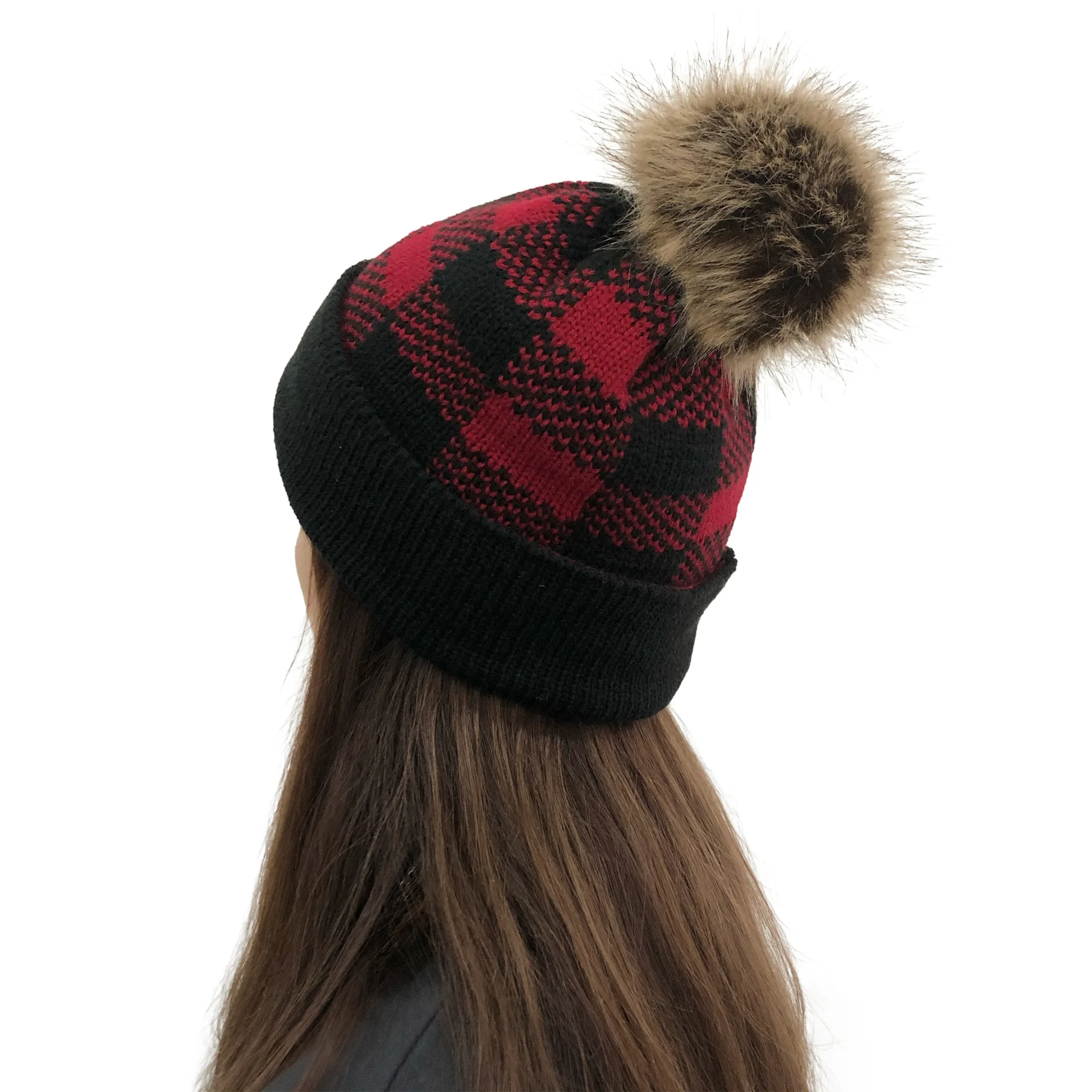 Women's Checkered Knit Beanie Hat Christmas Themed Skull Cap with Toggle Closure - Outdoor Warm Knit Hat for Winter