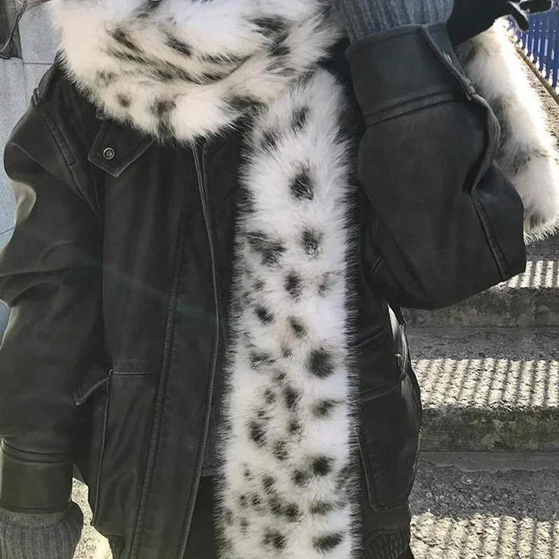 Women Faux Fox Fur Long Scarf White Leopard Dot Winter Warm Thickened Lengthened Scarf Neck Collar Sexy Party Dress Shawls Y2k