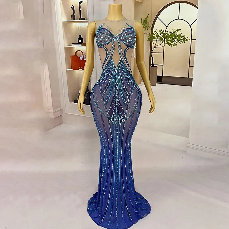 

Shiny Blue Rhinestone Temperament Hip-wrapped Fishtail Skirt Adult Model Catwalk Trendy Clothes Annual Meeting Host Performance