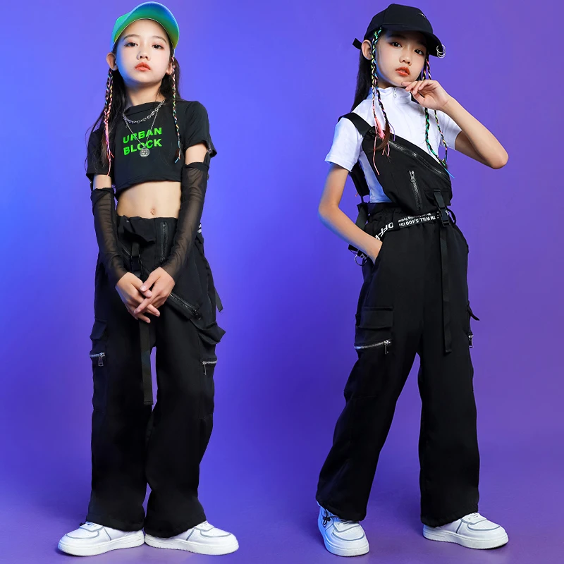 Hip Hop Clothing Tank Crop Tshirt Tops Cargo Overalls Pants For Teenage Girs Jazz Dance wear Costume Kids Rave Clothes Kids Kpop