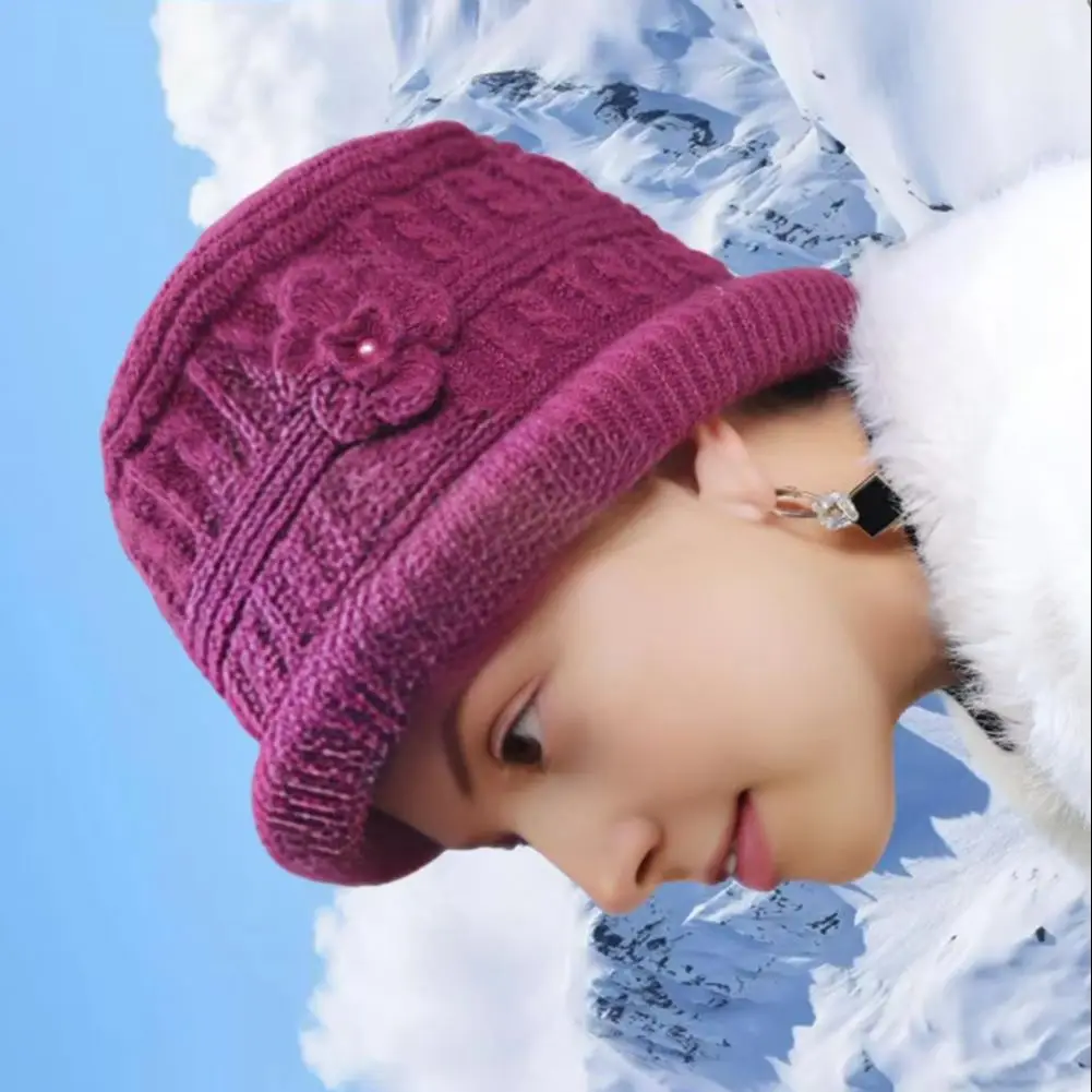 

Warm Winter Hat High-quality Knit Hat Cozy Winter Knitted Hat with Flower Crochet Detail for Elderly Women for Outdoor for Women